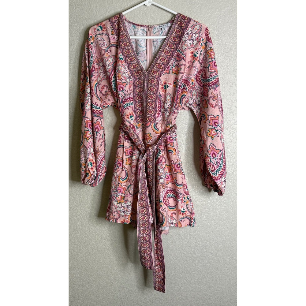 Venus 2 Romper Pink Paisley Long Sleeve V Neck Tie Waist Boho Shorts Linen Blend
